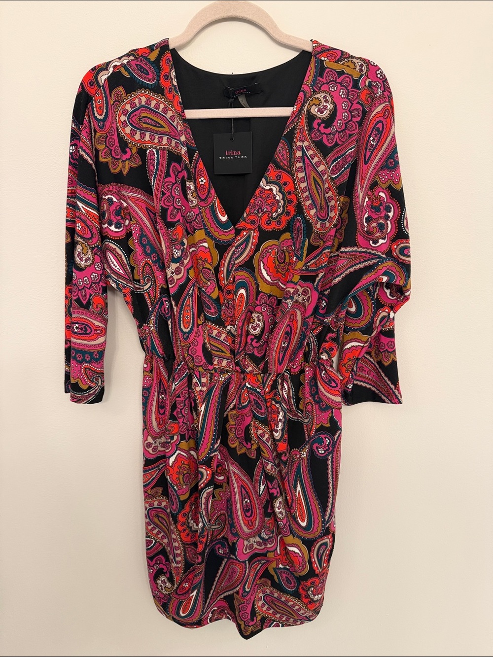 Trina Turk Pink and Black Paisley Long Sleeve V-Neck Dress